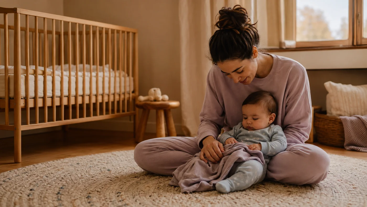 A caregiver settles a baby during a quiet routine in a nursery with a crib.