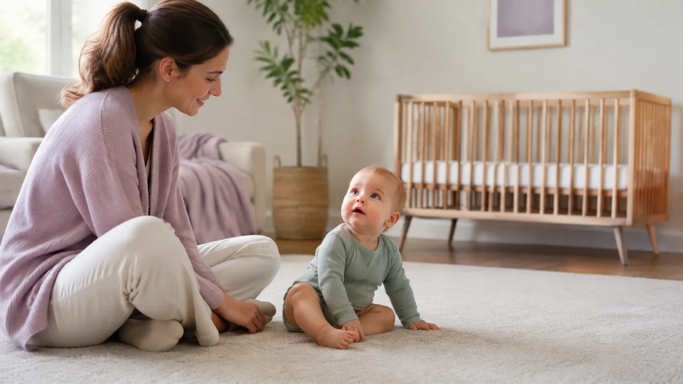 A caregiver observes an awake baby sitting on a rug in a bright room with an empty crib.