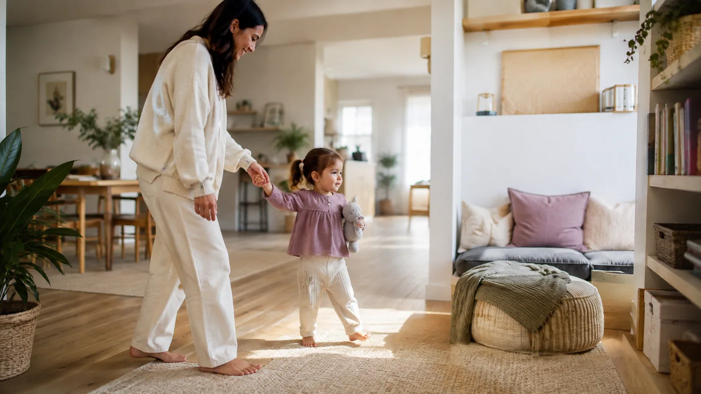 A caregiver guides an awake child through a transition between activities.