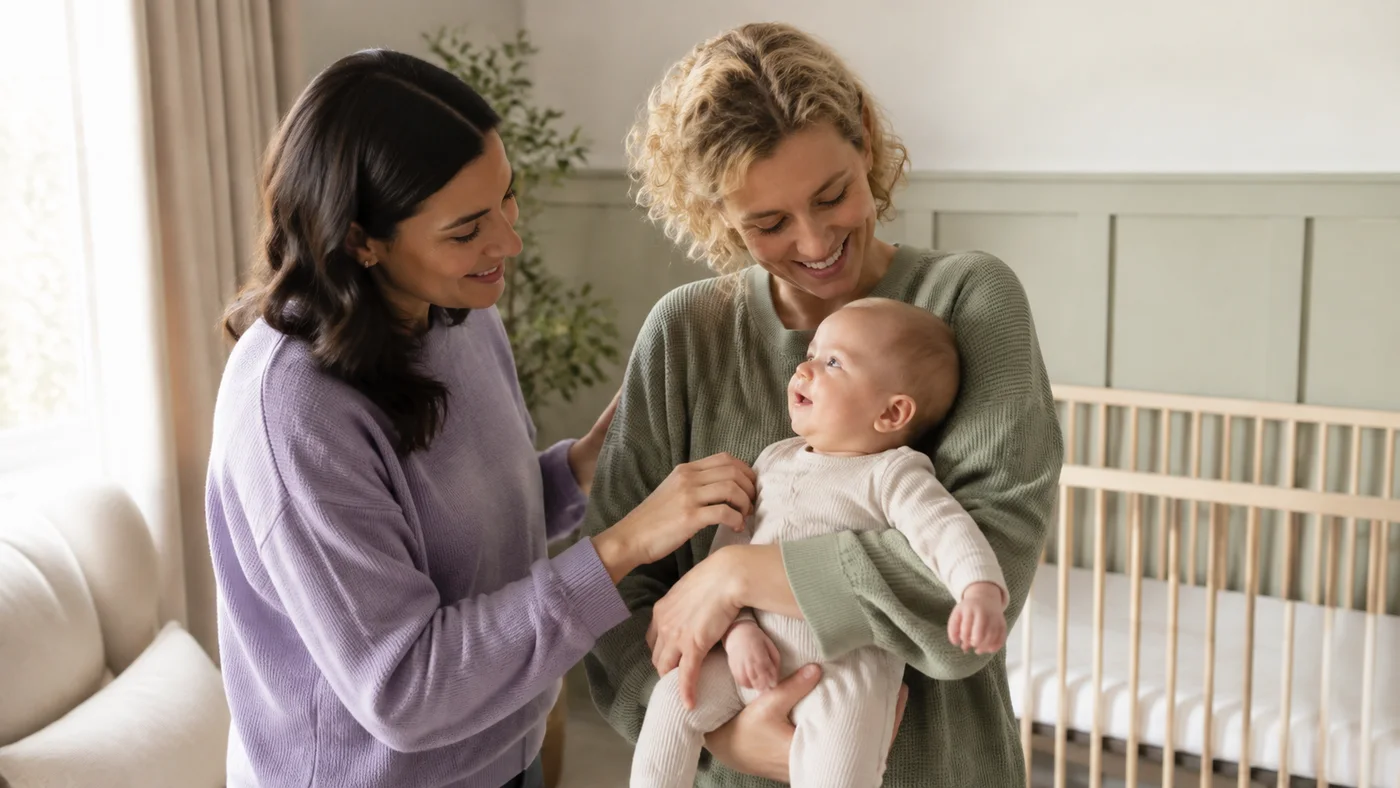 Two caregivers share a calm moment with an awake baby in a bright room.
