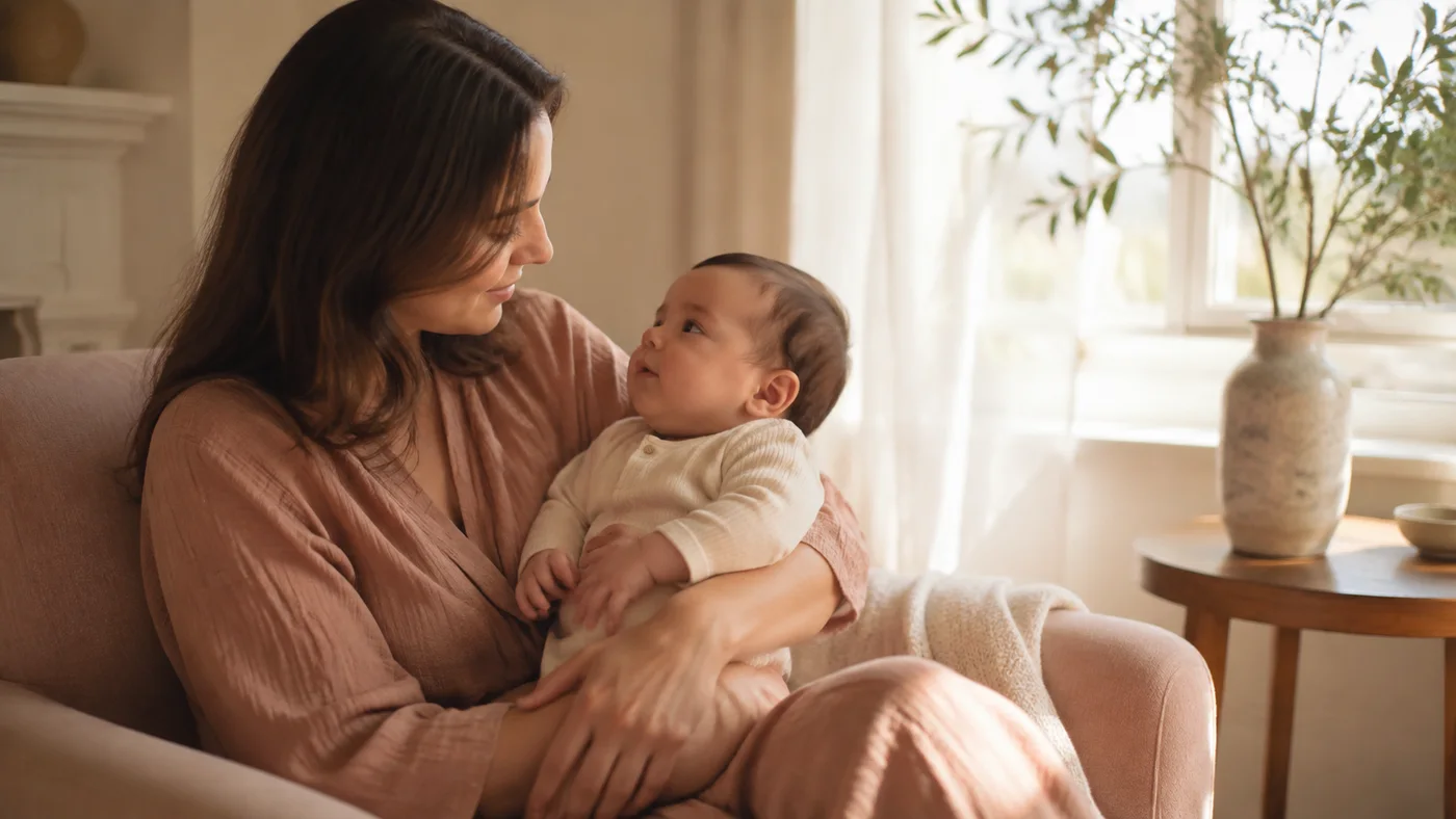 A caregiver observes an awake baby in their arms after a quiet rest.