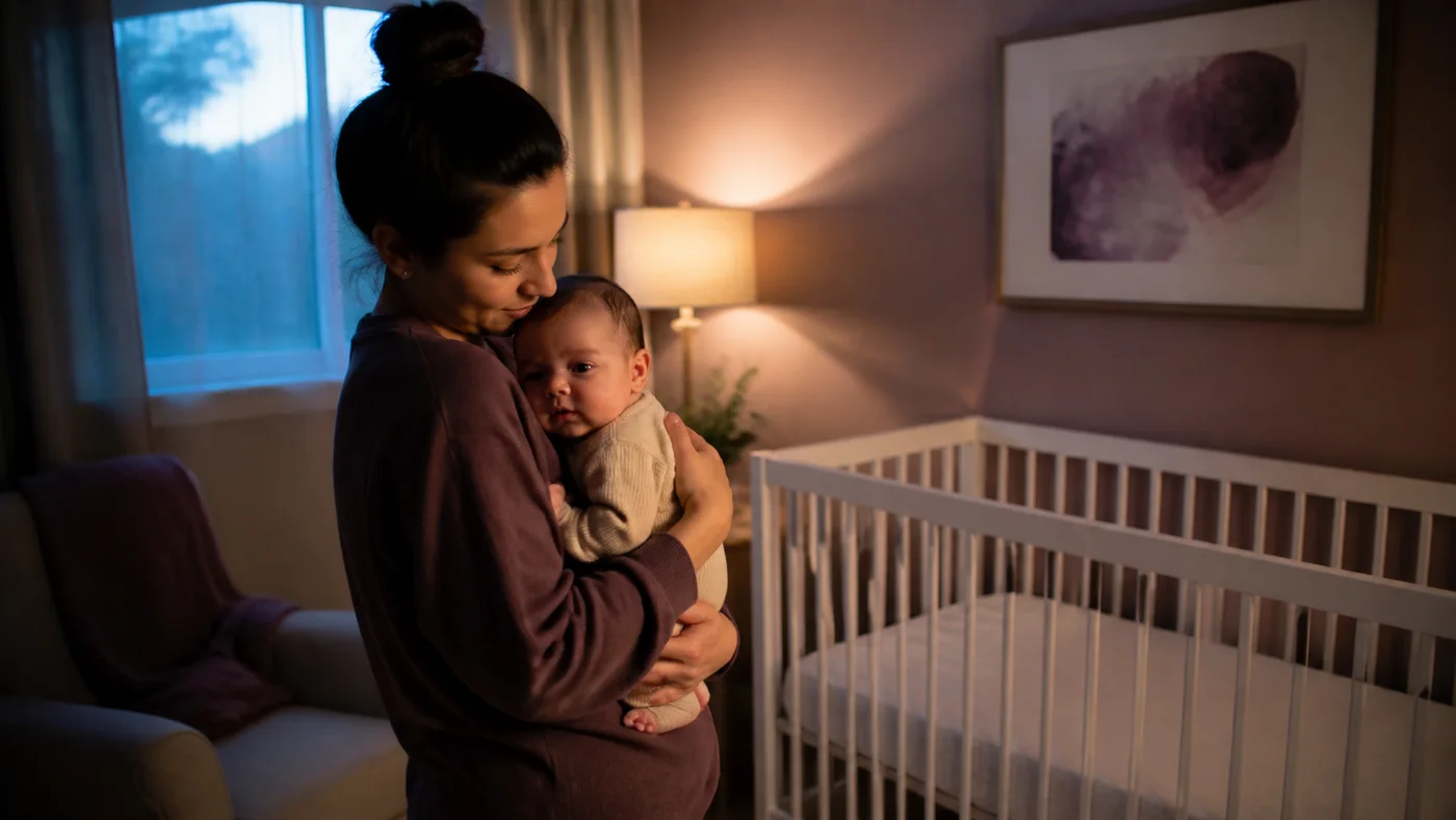 Pessoa cuidadora acolhe um bebê acordado em um quarto com luz suave ao anoitecer.