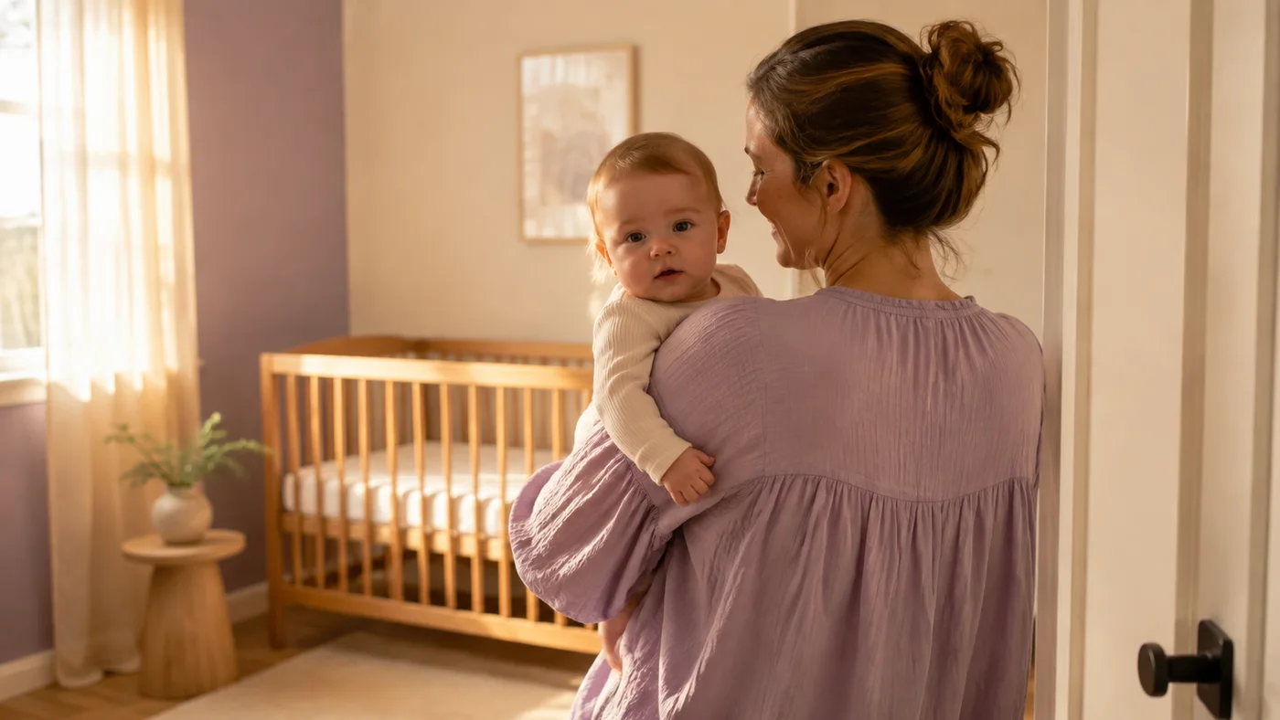 Pessoa cuidadora leva um bebê acordado para um quarto claro com berço vazio.