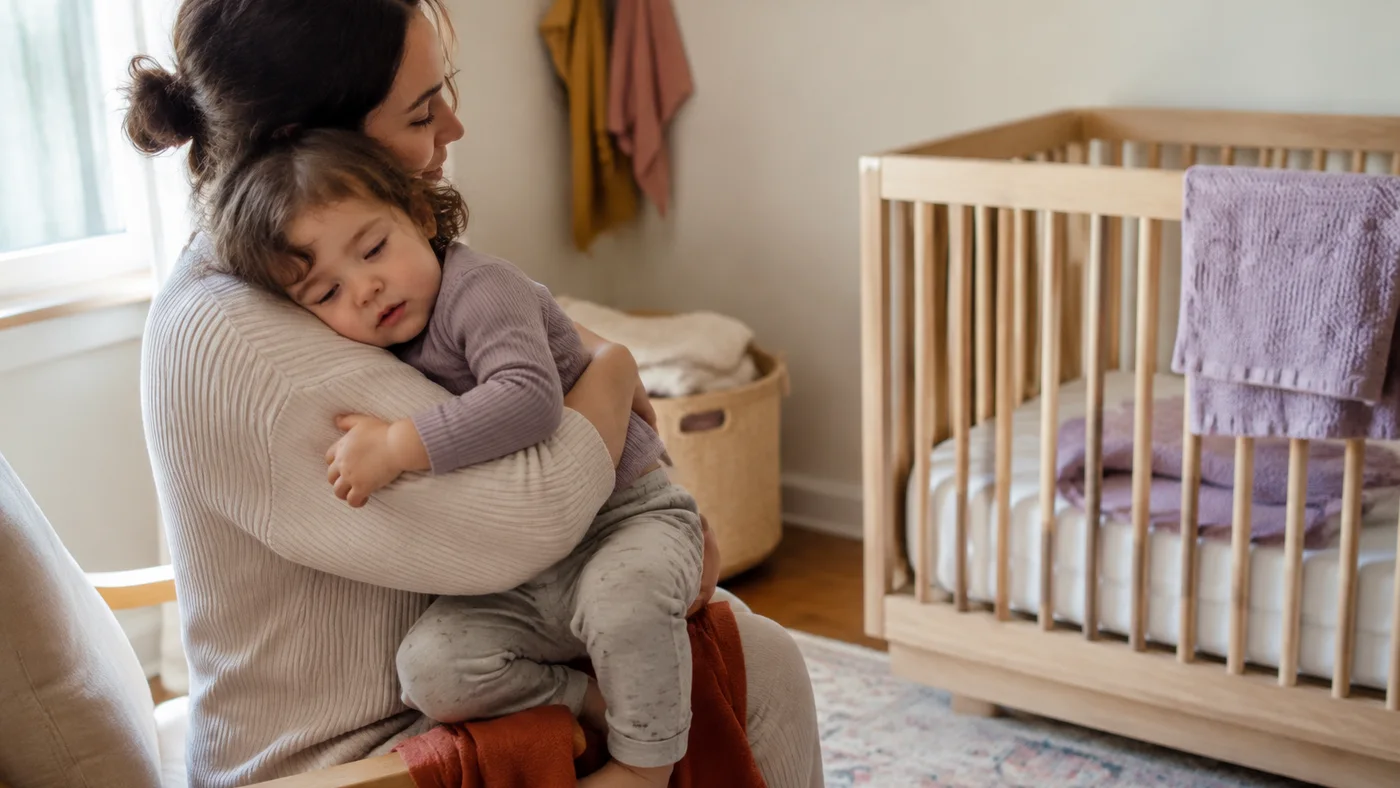A caregiver comforts a sleepy young child after a nap, with a crib in the background.