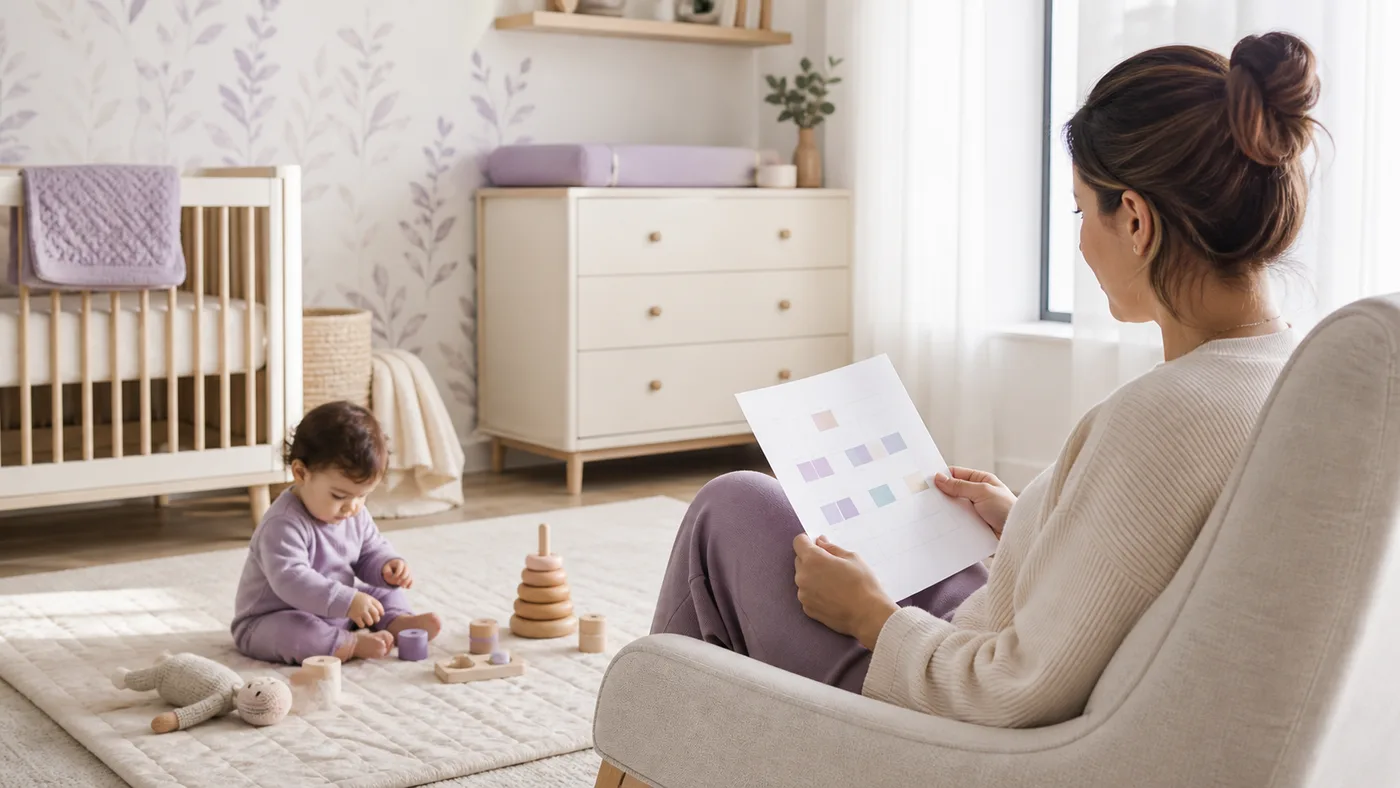 A mother looks at a card while her child plays in the nursery.