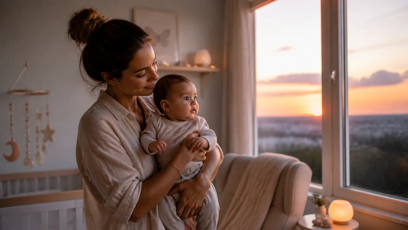 A mother holds her baby by the window at the end of the day.