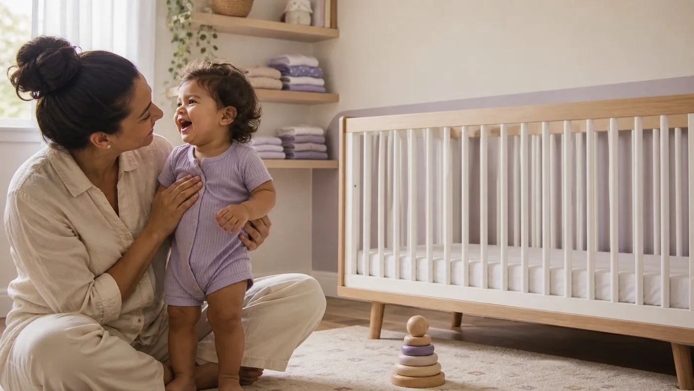 A mother interacts with an older child beside the crib.