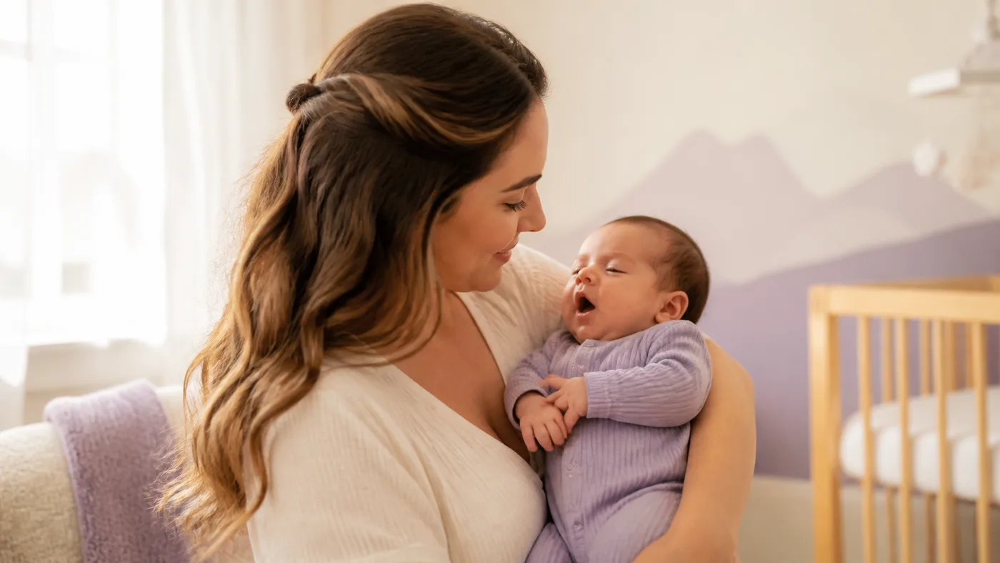 A mother holds her baby during a calm moment before sleep.
