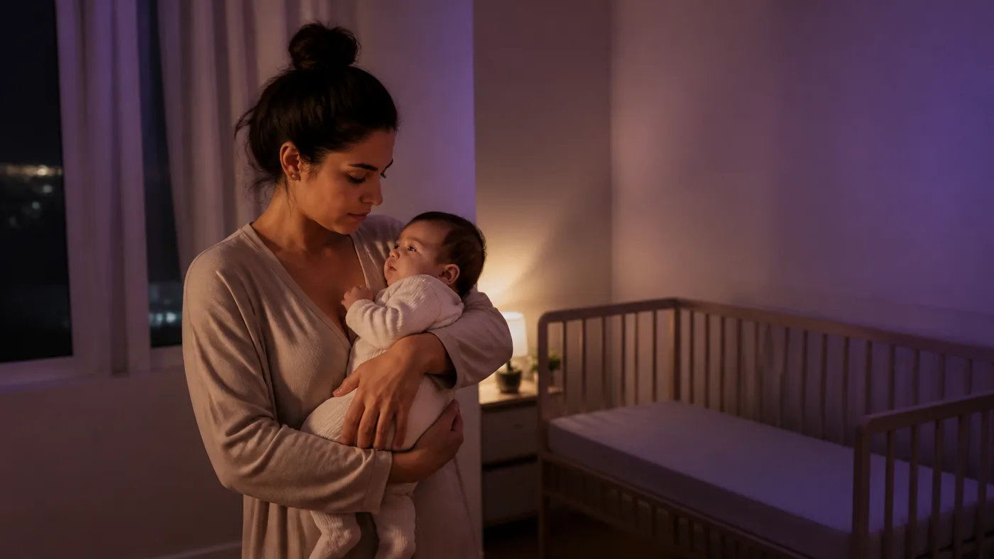 A mother holds her baby in a softly lit room at nightfall.
