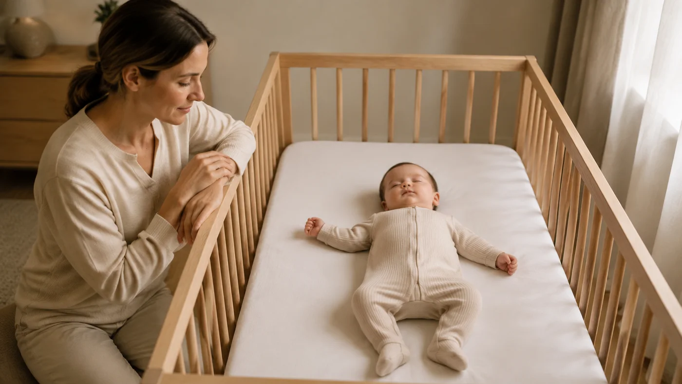 A caregiver watches a baby sleeping in a calm, softly lit nursery.